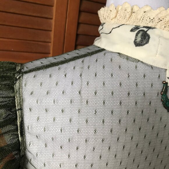 Lip Service Mecanique Menagerie Gothic Victorian Ivory & Green Chiffon Blouse M - Picture 8 of 11